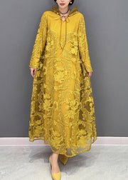 Chic Yellow Embroidered Neck Tie Tulle Maxi Dresses Long Sleeve
