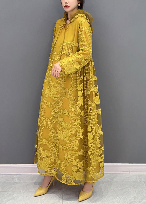 Chic Yellow Embroidered Neck Tie Tulle Maxi Dresses Long Sleeve
