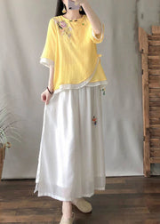 Chic Yellow Embroidered Patchwork Linen Shirt Tops Summer