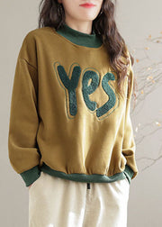 Chic Yellow Embroidered Patchwork Warm Fleece Pullover Sweatshirt Spring