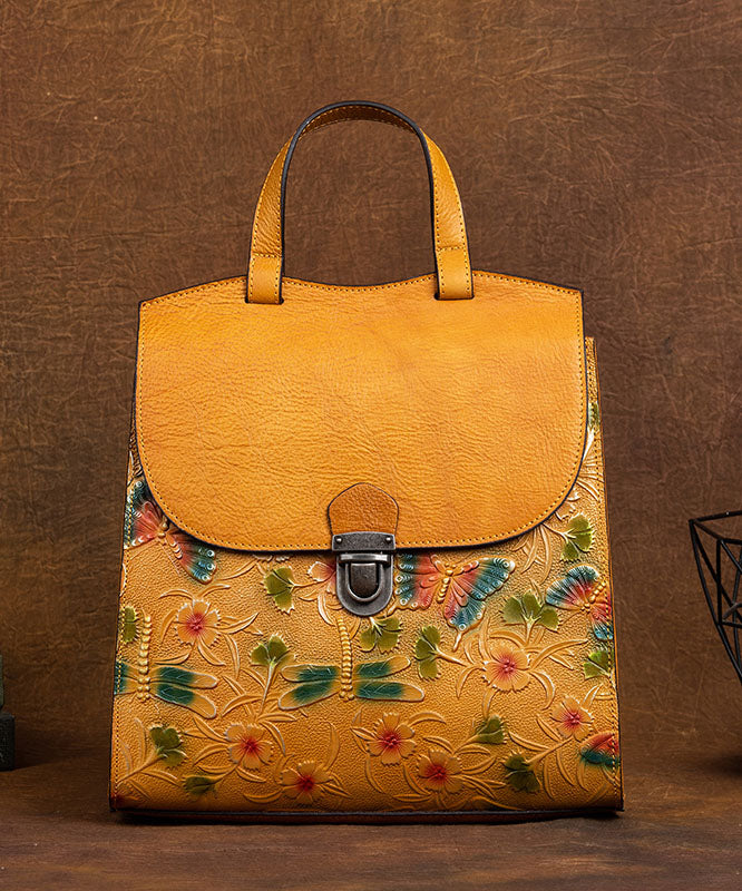 Chic Yellow Floral Embossing Calf Leather Women&