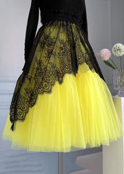 Chic Yellow Lace Elastic Waist Patchwork Tulle Skirts Summer