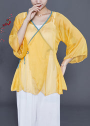 Chic Yellow Lace Up Hollow Out Chiffon Blouses Bracelet Sleeve