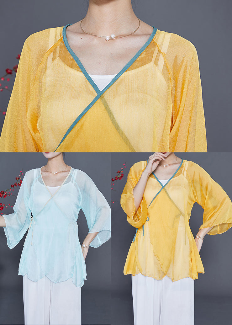 Chic Yellow Lace Up Hollow Out Chiffon Blouses Bracelet Sleeve