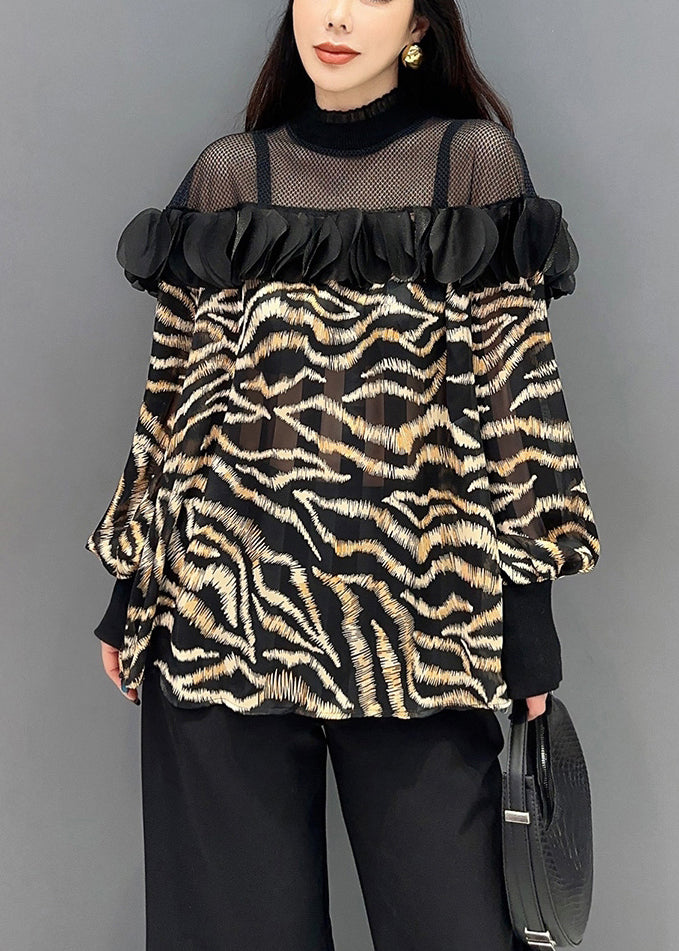 Chic Yellow Leopard Tulle Patchwork Chiffon Top Long Sleeve