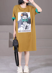 Chic Yellow O-Neck Patchwork Applique Side Open Cotton Maxi Dress Short Sleeve