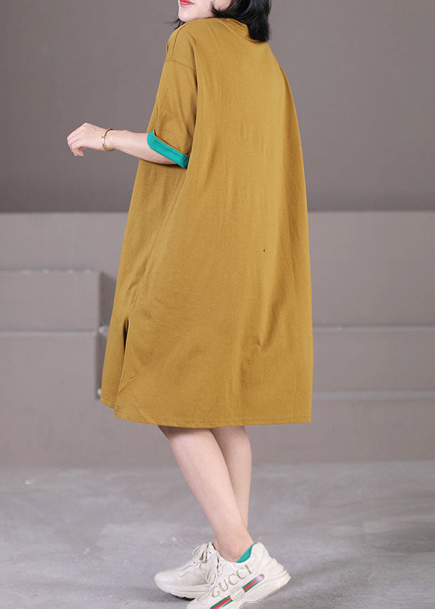 Chic Yellow O-Neck Patchwork Applique Side Open Cotton Maxi Dress Short Sleeve