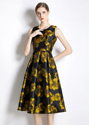 Chic Yellow O-Neck Print Silk A Line Dress Sleeveless