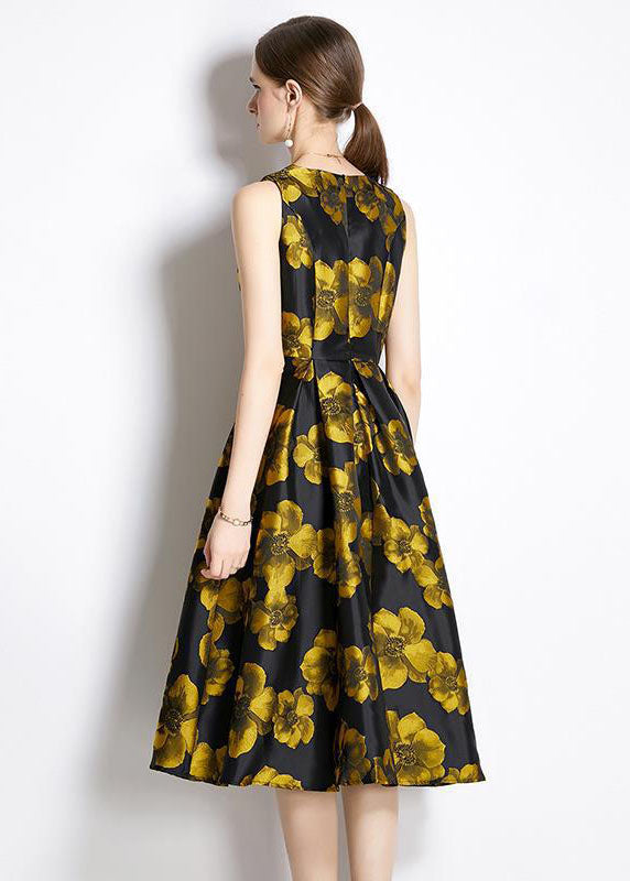 Chic Yellow O-Neck Print Silk A Line Dress Sleeveless