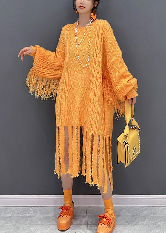 Chic Yellow O-Neck Tassel Knit Long Dresses Fall