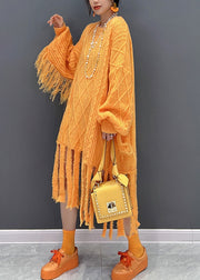 Chic Yellow O-Neck Tassel Knit Long Dresses Fall