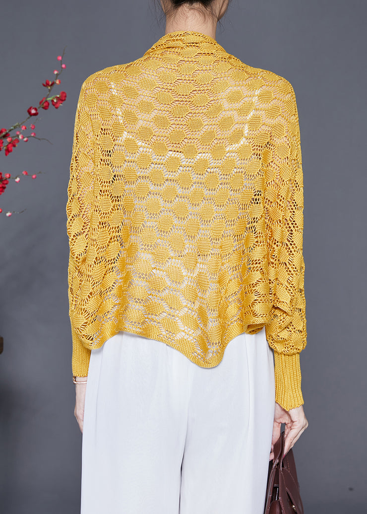 Chic Yellow Oversized Hollow Out Knit Cardigan Fall