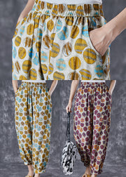 Chic Yellow Oversized Print Pockets Linen Silk Pants Summer