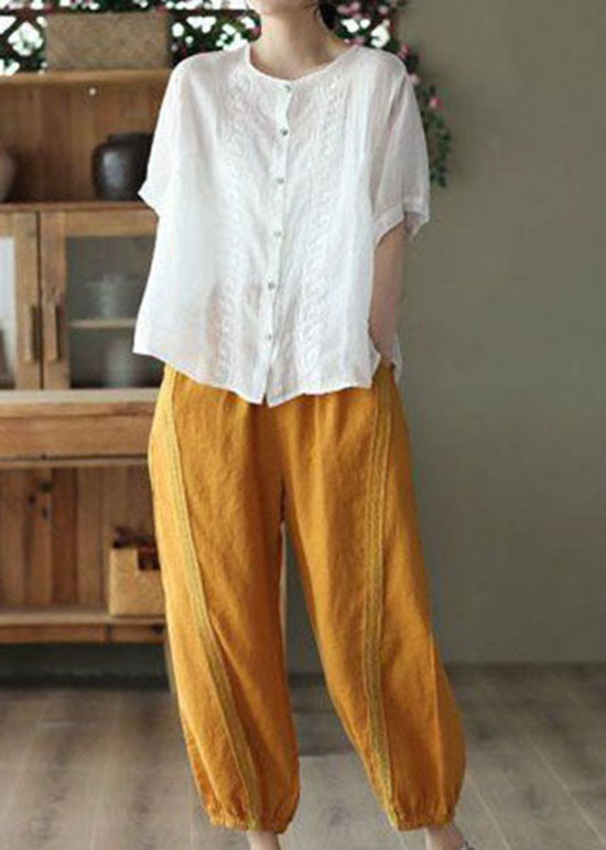 Chic Yellow Pockets Patchwork Linen Harem Pants Summer