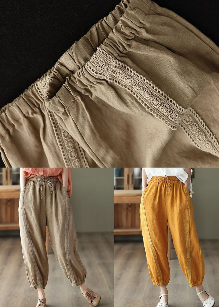 Chic Yellow Pockets Patchwork Linen Harem Pants Summer