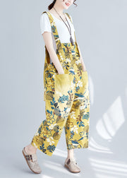 Chic Yellow Pockets Print Denim Crop Wide Leg Jumpsuit Spring