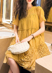 Chic Yellow Ruffled Floral Patchwork Chiffon Dresses Summer