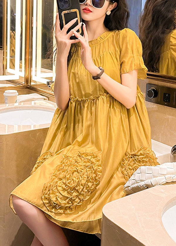 Chic Yellow Ruffled Floral Patchwork Chiffon Dresses Summer