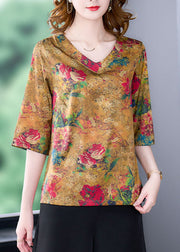 Chic Yellow Side Open V Neck Print Silk Blouse Tops Half Sleeve