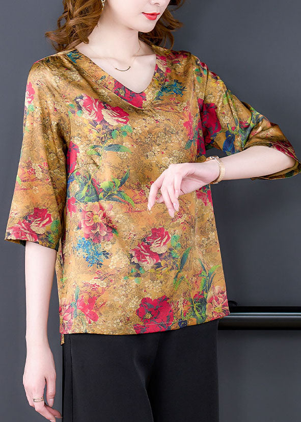 Chic Yellow Side Open V Neck Print Silk Blouse Tops Half Sleeve