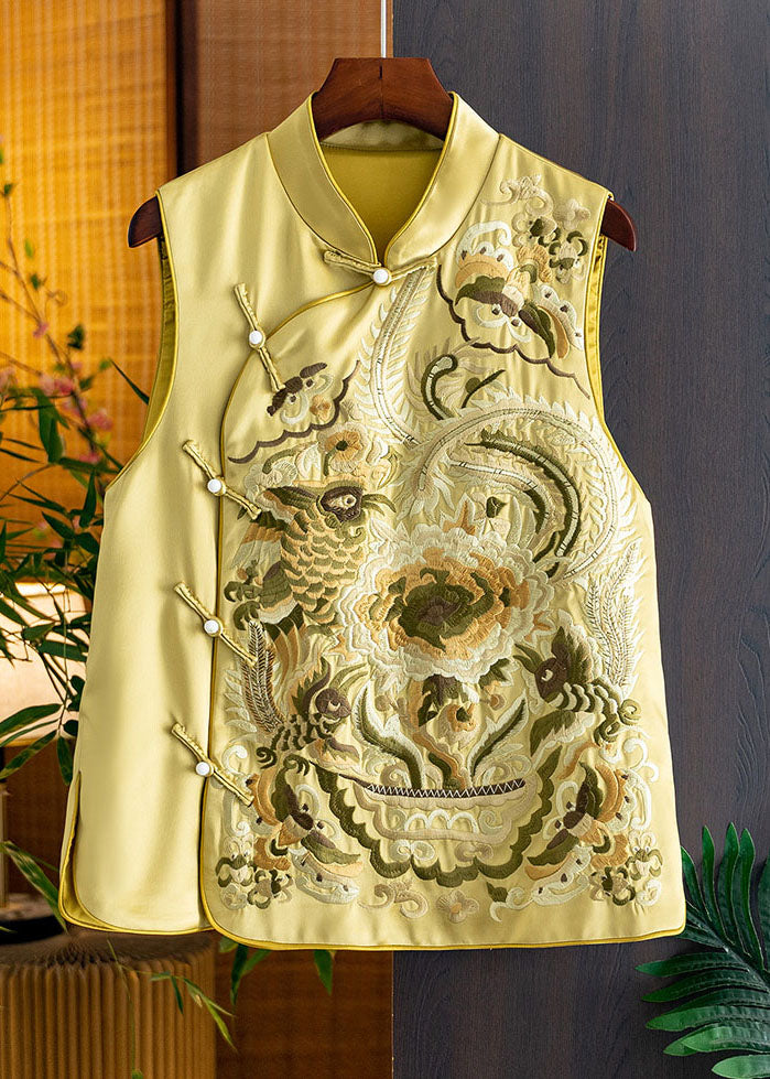 Chic Yellow Stand Collar Embroidered Side Open Silk Waistcoat Fall