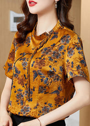 Chic Yellow Stand Collar Print Tassel Oriental Silk Shirts Short Sleeve