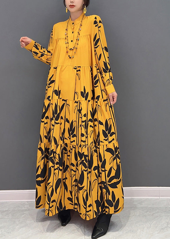 Chic Yellow Stand Collar Print Wrinkled Button Maxi Dresses Long Sleeve