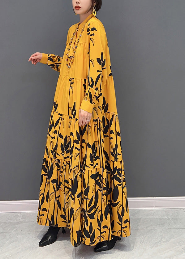 Chic Yellow Stand Collar Print Wrinkled Button Maxi Dresses Long Sleeve