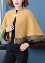Chic Yellow Stand Collar Tasseled Pockets Patchwork Mink Velvet Coats Fall