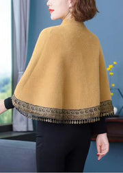 Chic Yellow Stand Collar Tasseled Pockets Patchwork Mink Velvet Coats Fall