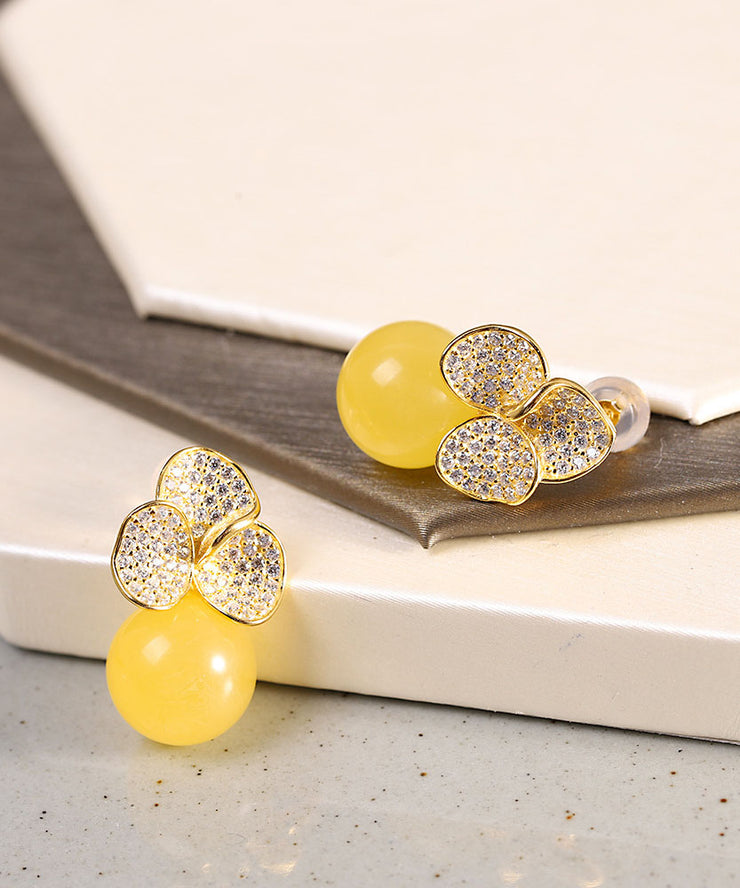 Chic Yellow Sterling Silver Overgild Beeswax Floral Stud Earrings