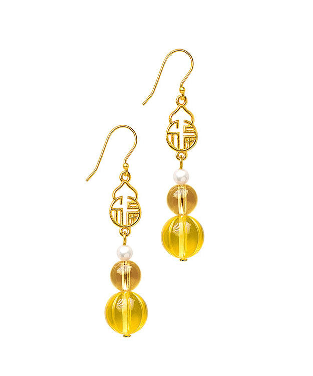 Chic Yellow Sterling Silver Overgild Pearl Crystal Amber Graphic Drop Earrings