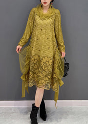 Chic Yellow Turtleneck Embroidered Tulle Holiday Dress Long Sleeve