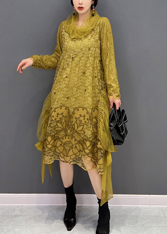 Chic Yellow Turtleneck Embroidered Tulle Holiday Dress Long Sleeve