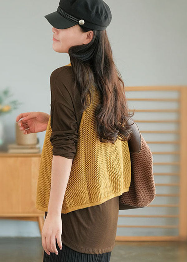 Chic Yellow V Neck Hollow Out Tie Waist Knit Vests Fall