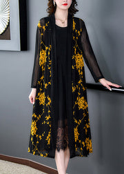 Chic Yellow V Neck Print Tulle Long Sunscreen Cardigans Long Sleeve