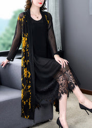 Chic Yellow V Neck Print Tulle Long Sunscreen Cardigans Long Sleeve