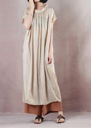 Chic beige cotton dress short sleeve Cinched Dress - SooLinen