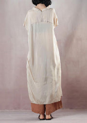 Chic beige cotton dress short sleeve Cinched Dress - SooLinen