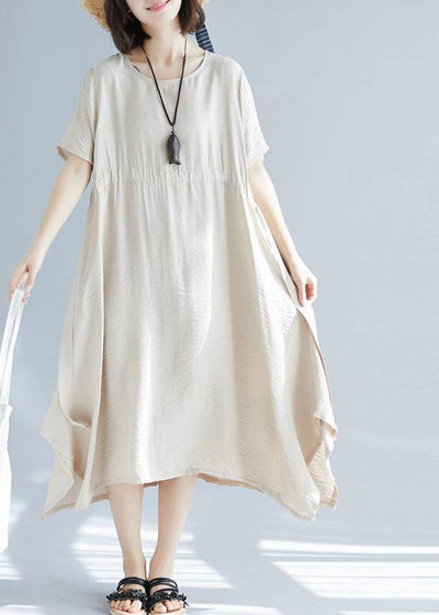 Chic big hem linen cotton clothes For Women Inspiration beige side open Dress summer - SooLinen