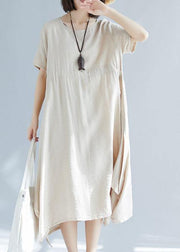 Chic big hem linen cotton clothes For Women Inspiration beige side open Dress summer - SooLinen