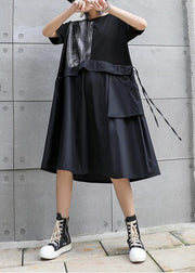 Chic black Cotton Long Shirts o neck patchwork Art summer Dress - SooLinen
