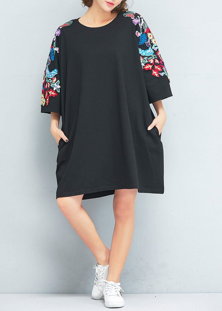 Chic black Cotton dresses Drops Design Photography embroidery o neck cotton Summer Dresses