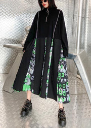 Chic black Letter dress stand collar zippered Plus Size Dress - SooLinen