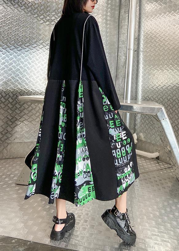 Chic black Letter dress stand collar zippered Plus Size Dress - SooLinen