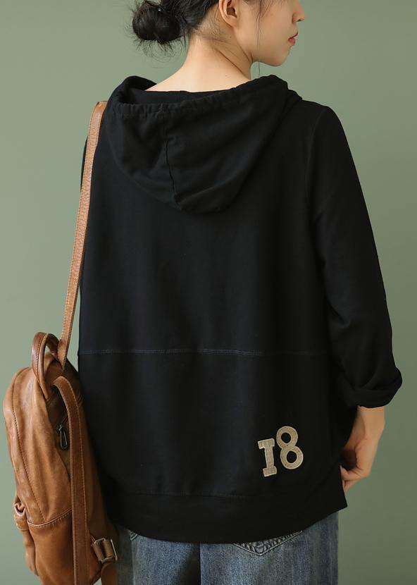 Chic black Letter tops women blouses hooded pockets Knee blouses - SooLinen