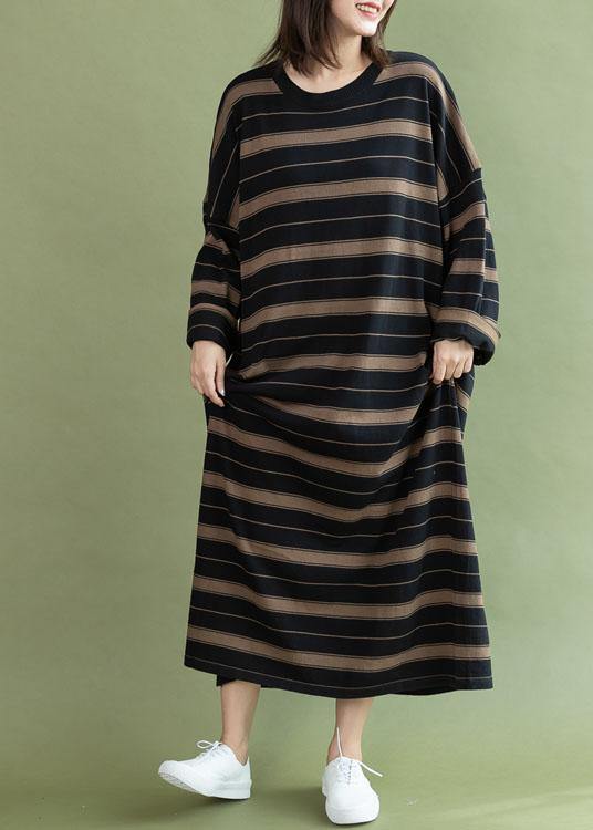 Chic black chocolate striped cotton quilting dresses o neck baggy long fall Dresses - SooLinen