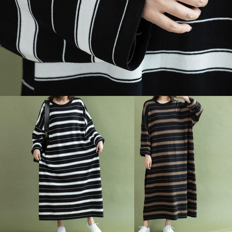 Chic black chocolate striped cotton quilting dresses o neck baggy long fall Dresses - SooLinen