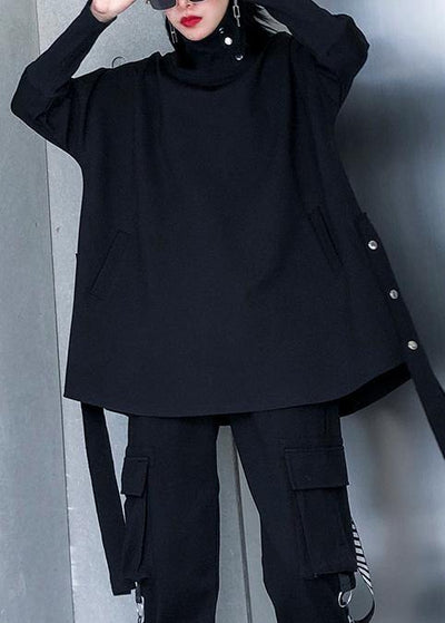 Chic black cotton Blouse high neck asymmetric daily blouse - SooLinen