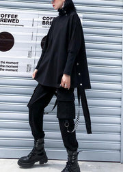 Chic black cotton Blouse high neck asymmetric daily blouse - SooLinen